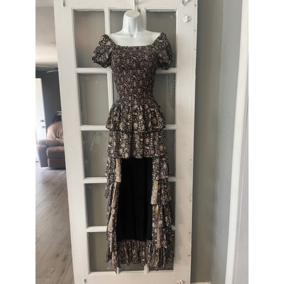 Muche Et Muchette Dresses & Skirts - Muche et Muchette Black Gold Floral Smocked High-Low Tiered Ruffle Maxi Dress